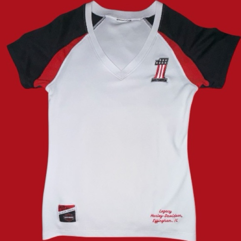 Harley Davidson White and Black V-Neck T-Shirt with Red Accents